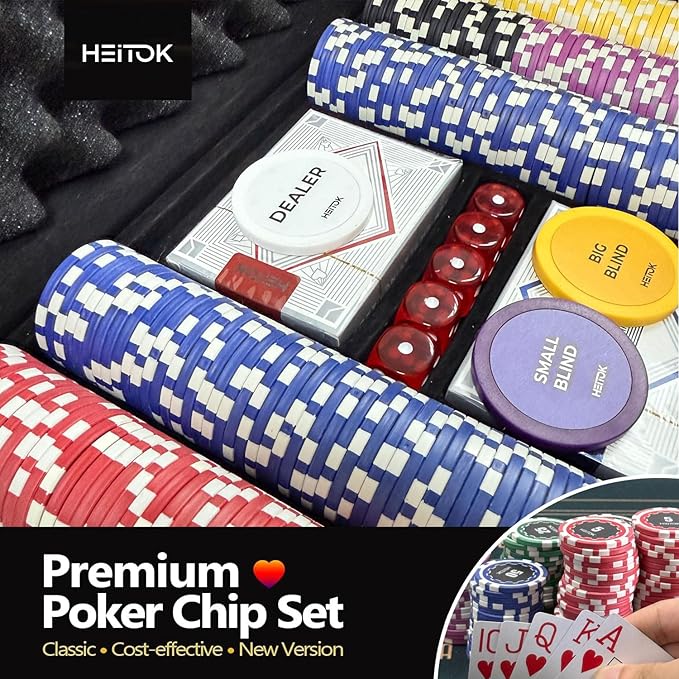 Poker Chips with Denominations, 300-pcs 11.5g Weighted Numbered Casino Chips Set, 5 Dice, 2 Decks