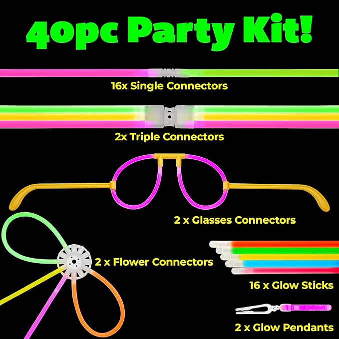 PartySticks Moondance Glow Sticks and Connectors - 40pk Glow in The Dark Party Favors with 16 Glow