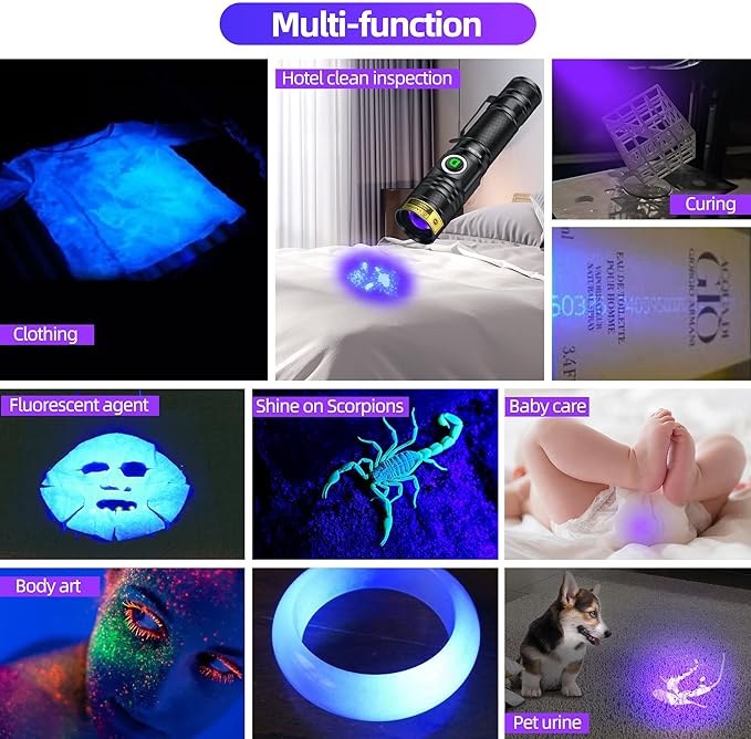 DARKDAWN UV 395nm Light Flashlight USB Rechargeable Ultraviolet LED Woods Lamp Portable Blacklight