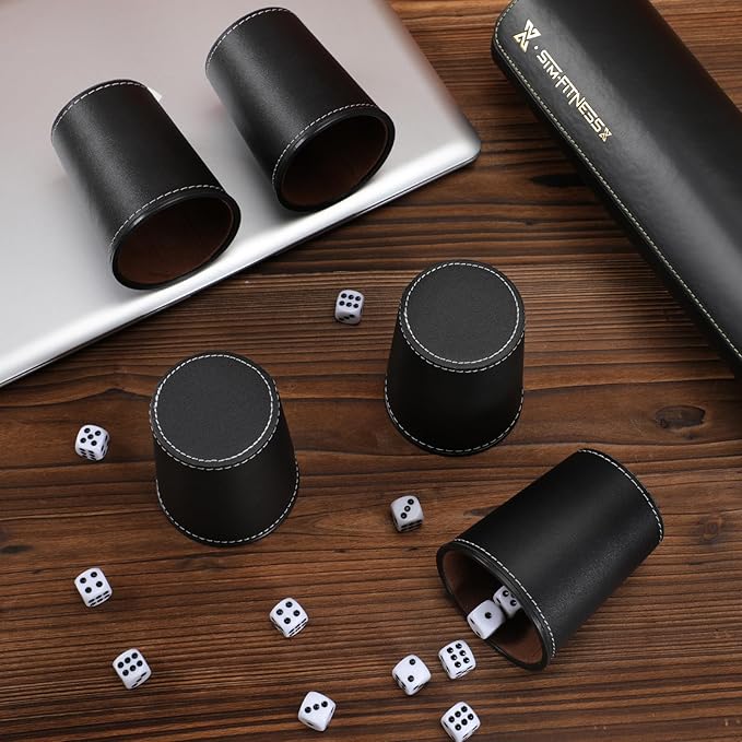 Leather Dice Cup Set, 5 Black Leather Dice Cups + 25 Dice + Exclusive Storage and Transport Case
