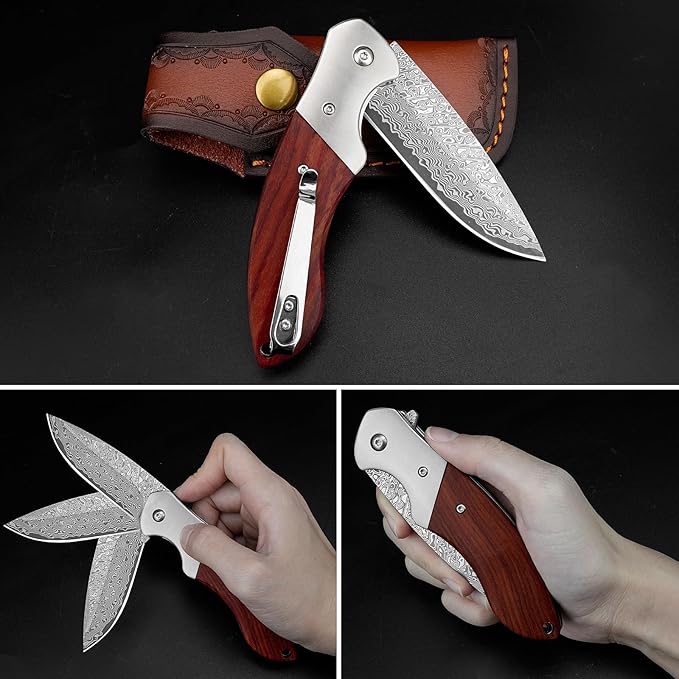 KOMWERO Damascus Pocket Knife, Sharp Damascus Steel Knife with Core VG10 Steel Blade Wood Handle