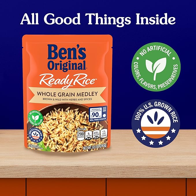 BEN'S ORIGINAL Ready Rice Whole Grain Medley Flavored Rice, Easy Dinner Side, 8.5 Oz Pouch (Pack of