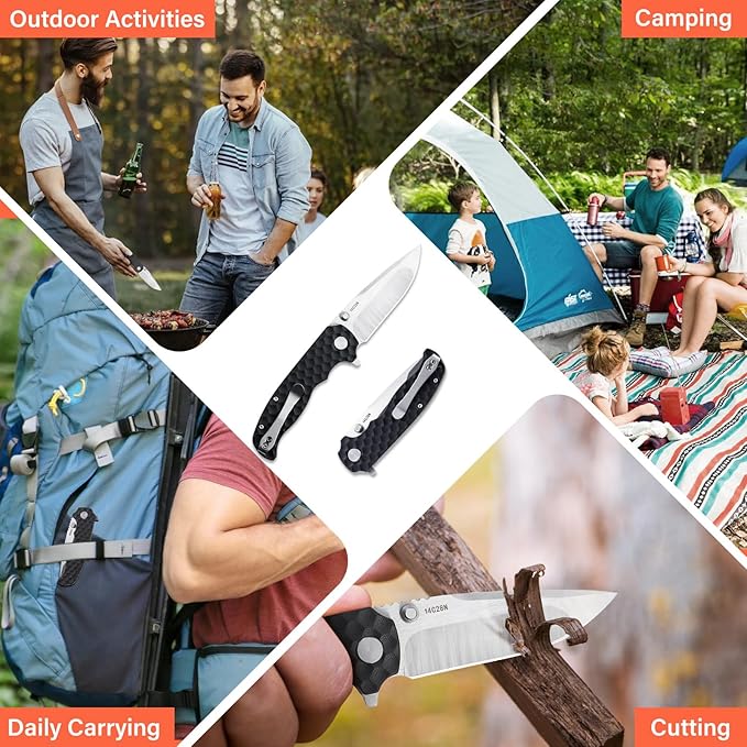 Men's Folding Pocket Knife – 3.4" Sandvik 14C28N Blade G10 Handle Ceramic Bearings Liner Lock Deep