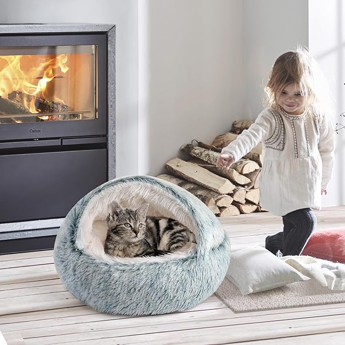 CATISM Cozy Cat Pod - Plush Hooded Cat Bed Cave, Self Warming, Removable Washable with Non-Slip