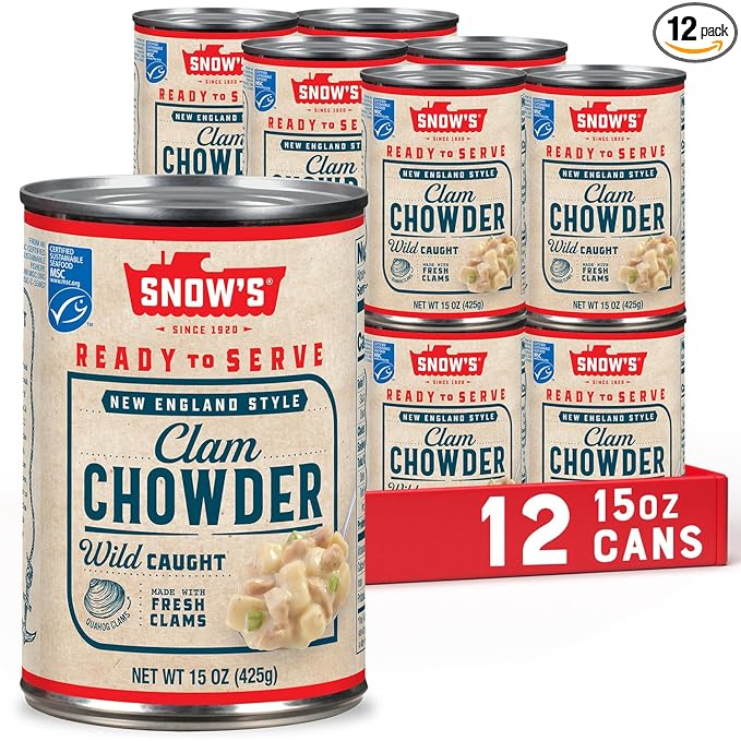 Snow's New England Clam Chowder, 15 oz Can (Pack of 12) - 13g Protein per Serving - Ready-to-Serve