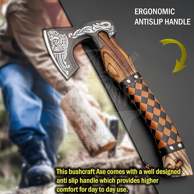 SHINY CRAFTS®- Handmade Viking Axe – Unique Gift for Him Engraved Carbon Steel Hatchet with Leather
