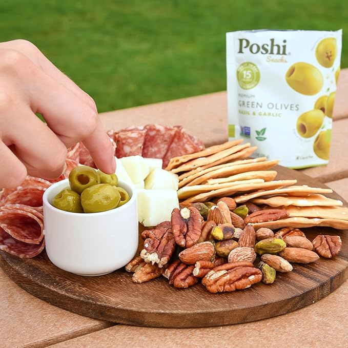 POSHI Green Pitted Olives - Basil & Garlic | Vegan, Kosher, Gluten Free + Keto Friendly, Fresh, Low