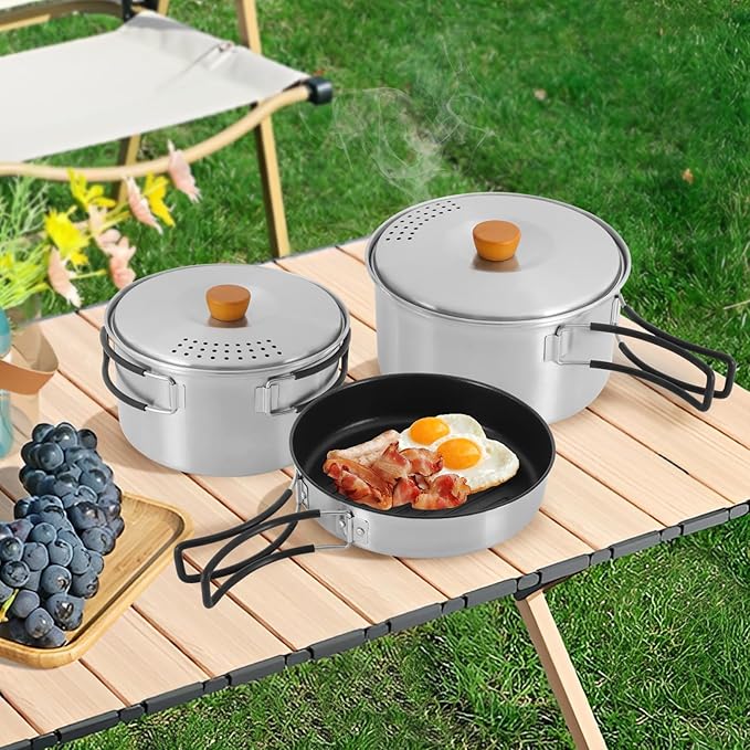 Camping Cookware Set, Camping Cooking Set,304 Stainless Steel Camping Pots &Frying Pan Set,Campfire