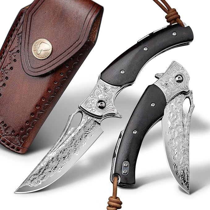 3.5 inch Japanese VG10 Damascus Steel Outdoor Folding Knife with Black Wood Handle, Lined Lock, EDC