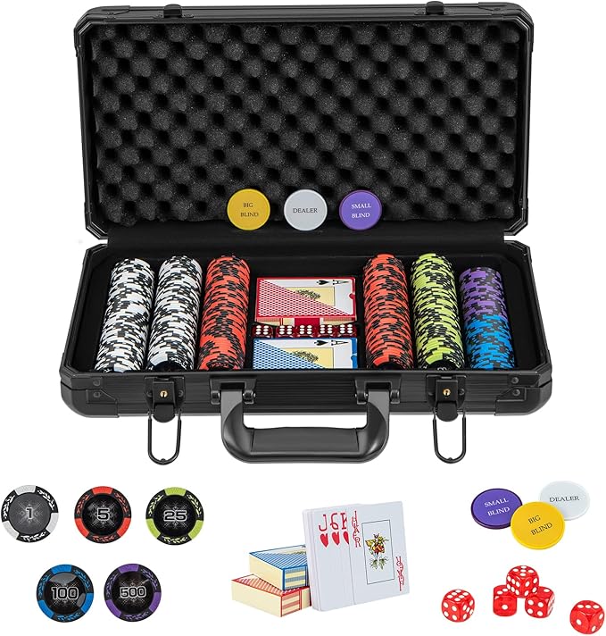 Goplus Poker Chip Set, 300 PCS/500 PCS 14 Gram Clay Poker Chips w/ Aluminum Case, Card Decks