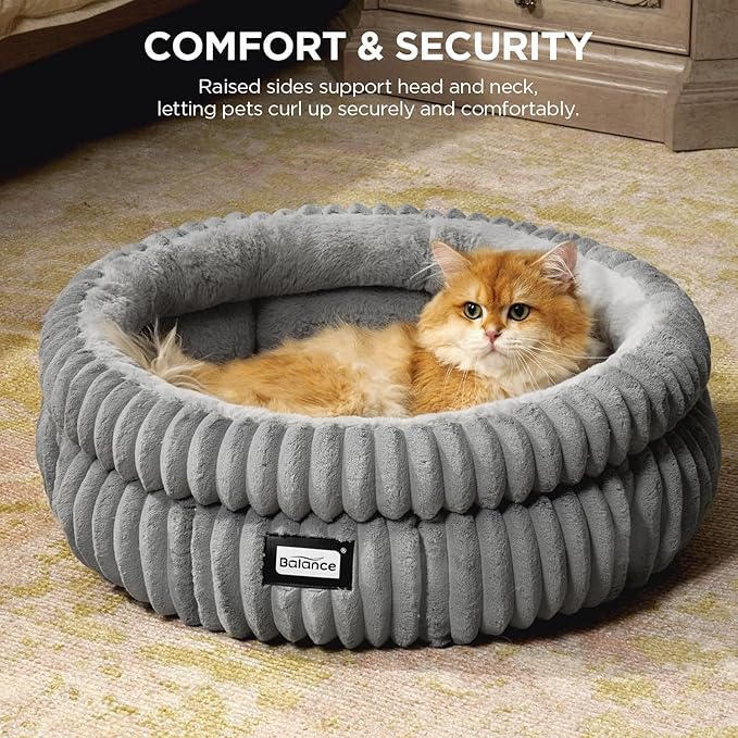 BALANCE Cat Bed Kitten Bed, Washable Round Cat Beds for Indoor Cats,Super Soft Plush Faux Fur Pet