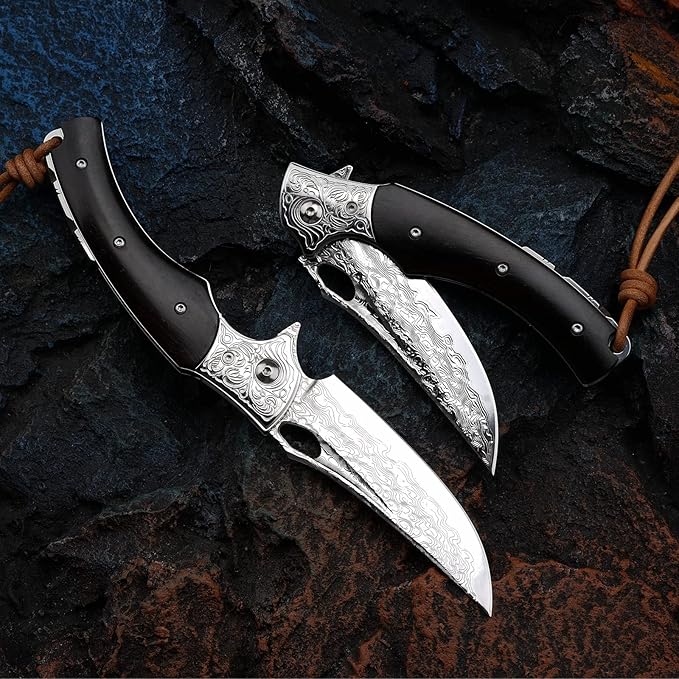3.5 inch Japanese VG10 Damascus Steel Outdoor Folding Knife with Black Wood Handle, Lined Lock, EDC