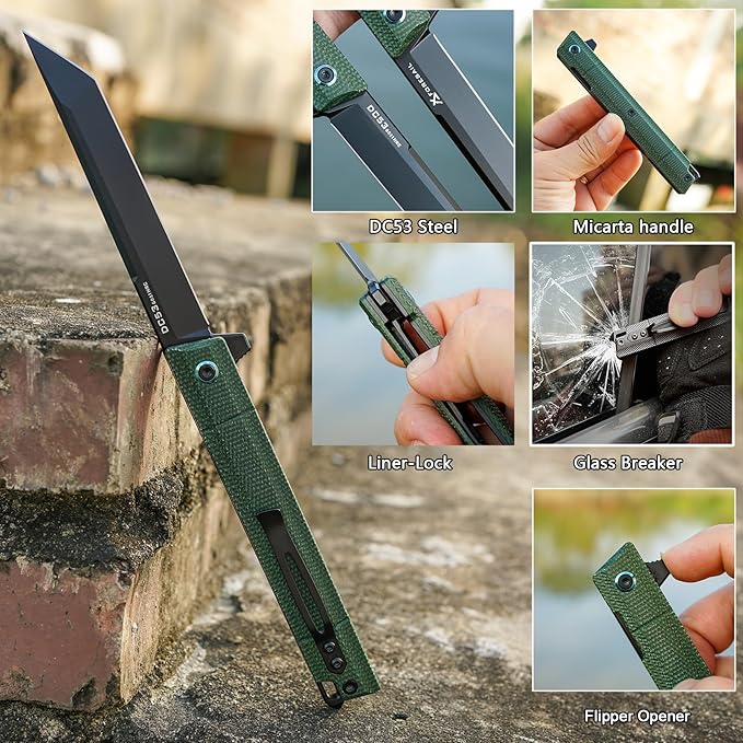 Flipper Pocket Folding Knife,DC53 Steel Blade and G10 Handle. With pocket clip and glass