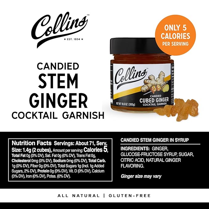 Collins Candied Ginger in Syrup for Cocktails, Gluten Free Skinny Cocktail Garnish for Whiskey