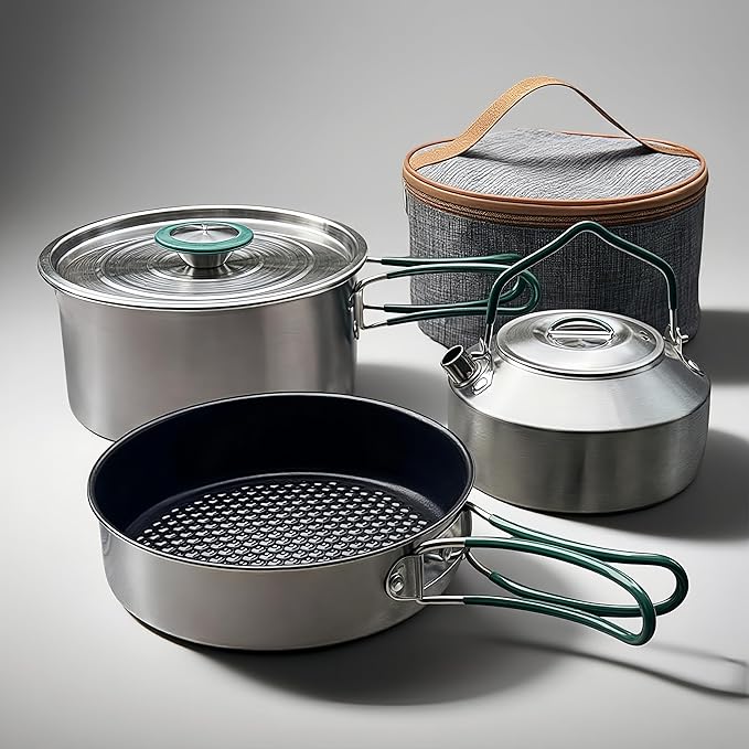 Stainless Steel Camping Cookware, durable, easy to clean, and quick to heat up. Compact camping