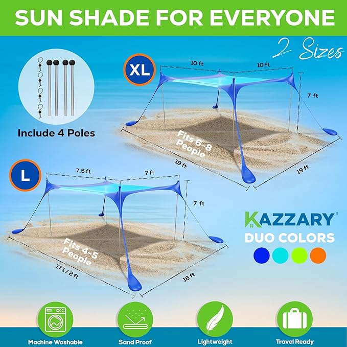 Beach Tent UPF50+ Sun Shade Canopy with Sandbags, 4 Stability Poles, Ground Pegs, Flying Disc Sand