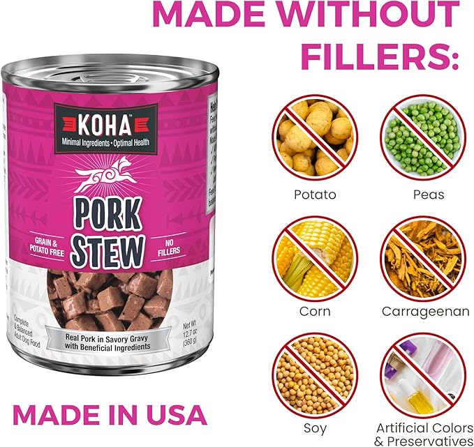 KOHA Minimal Ingredient Pork Stew for Dogs, High Protein Limited Ingredient Dog Food, 12.7oz Cans