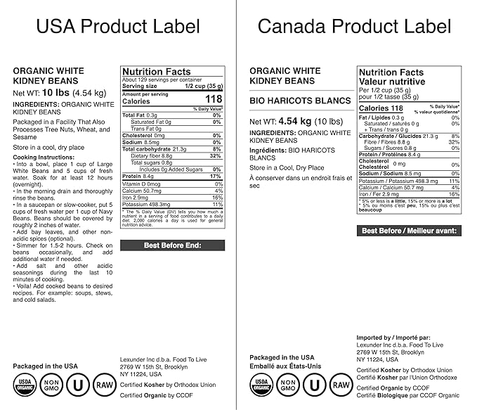 Food to Live Organic White Kidney Beans, 10 Pounds Whole Raw Dried Beans, Vegan, Kosher, Bulk. Rich
