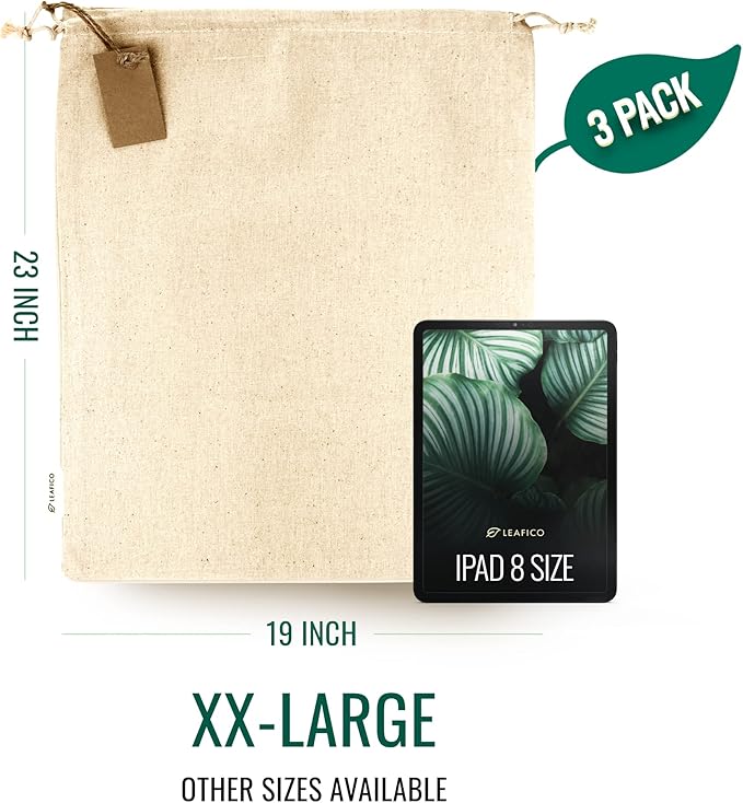 LEAFICO Reusable Produce Storage Bags - XX-Large 19x23 3 Pack - Breathable Muslin Fabric Sacks with