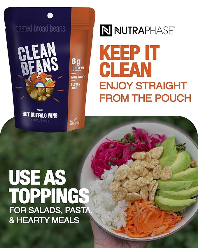 Clean Beans Broad Fava Beans Snack - Hot Buffalo Wing Flavor, 6g Protein, Low Sugar, Non-GMO
