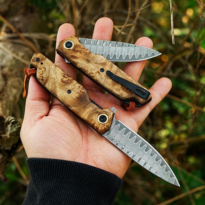 VNLA Damascus Folding Pocket Knife,Handmade knife,Forged Damascus Steel Blade,handle made of maple