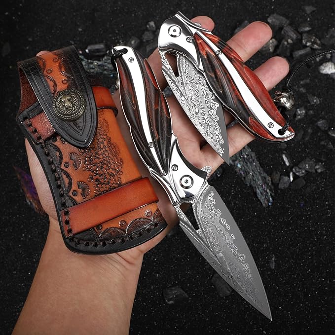Handmade Japanese VG10 Damascus steel Folding Pocket Knife，With leather case，Liner Lock，3.1in high