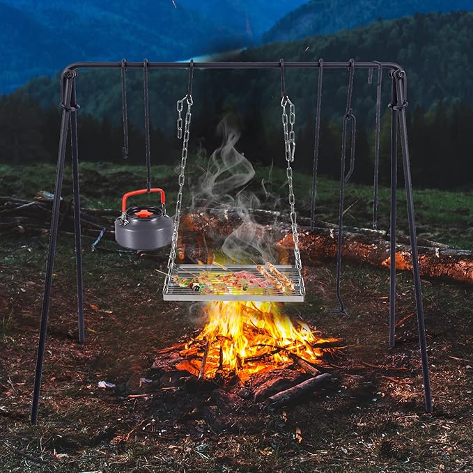 REDCAMP Swing Campfire Grill Stand - Collapsible Campfire Cooking Rack with 6 Hooks & Stainless
