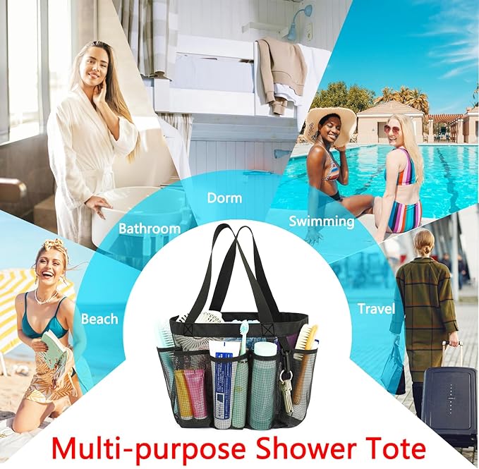 Mesh Shower Caddy Portable for College Dorm Room Essentials, 8-Pocket Large Shower Basket Tote Bag
