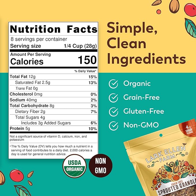 Lark Ellen Farm Vanilla Cinnamon Granola Clusters, Gluten Free, Vegan, Certified Organic, Low Sugar