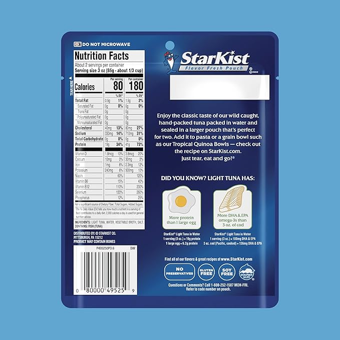StarKist Chunk Light Tuna in Water, 6.4 oz Pouch (12 Pack) Ready to Eat Wild Caught Tuna, 19g