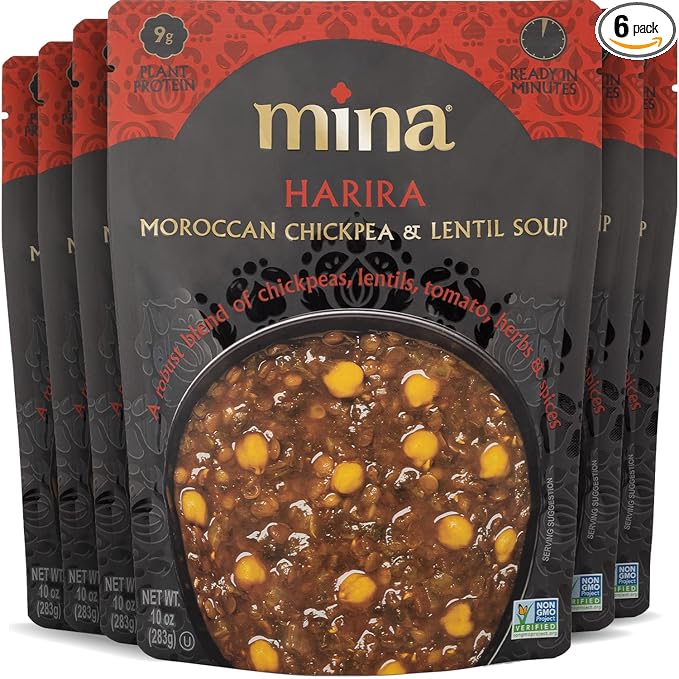 Mina Harira, Moroccan Chickpea & Lentil Soup, Ready to Eat Meals,10 oz Gluten Free Soup, High In