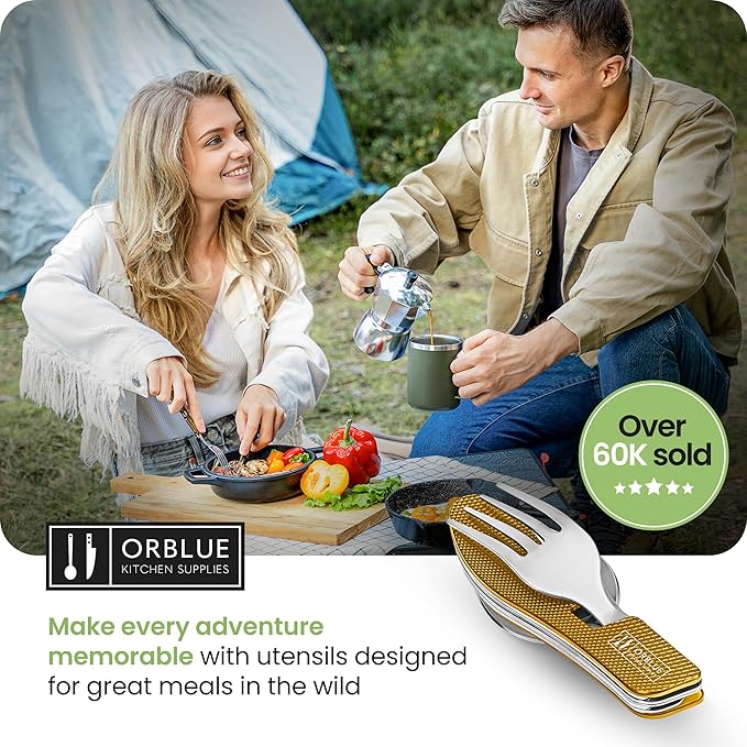 Orblue 4-in-1 Camping Eating Utensils, 2-Pack - Portable Spoon, Fork, Knife & Bottle Opener Combo