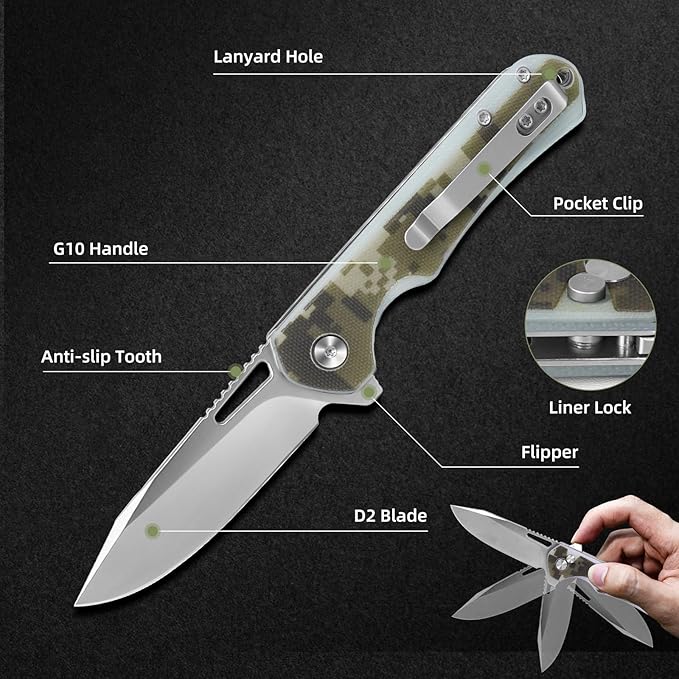 ZENG Folding Pocket Knife, 3.15" D2 Steel Blade Pocket knives, G10 Handle Small EDC Knife, Liner