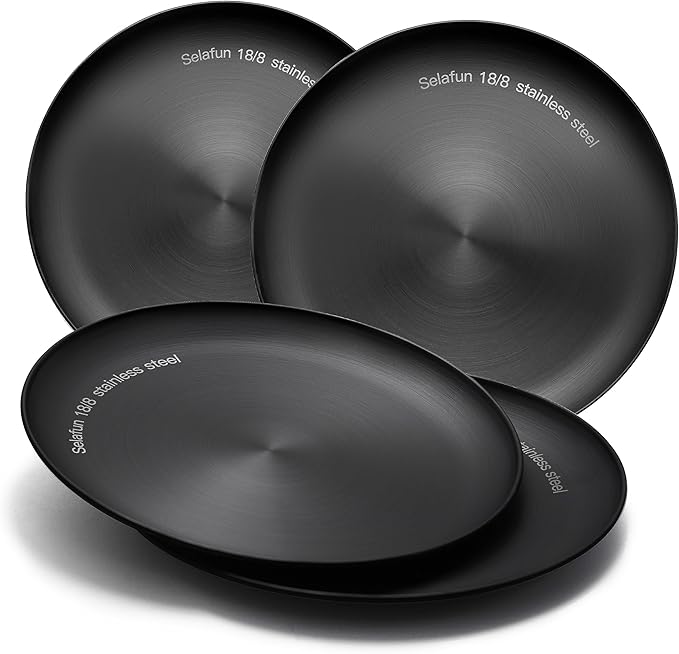 Stainless Steel Plates Metal 18/8 Round Dinner Plates - Set of 4 - Food-Grade Dishwasher Safe 9inch