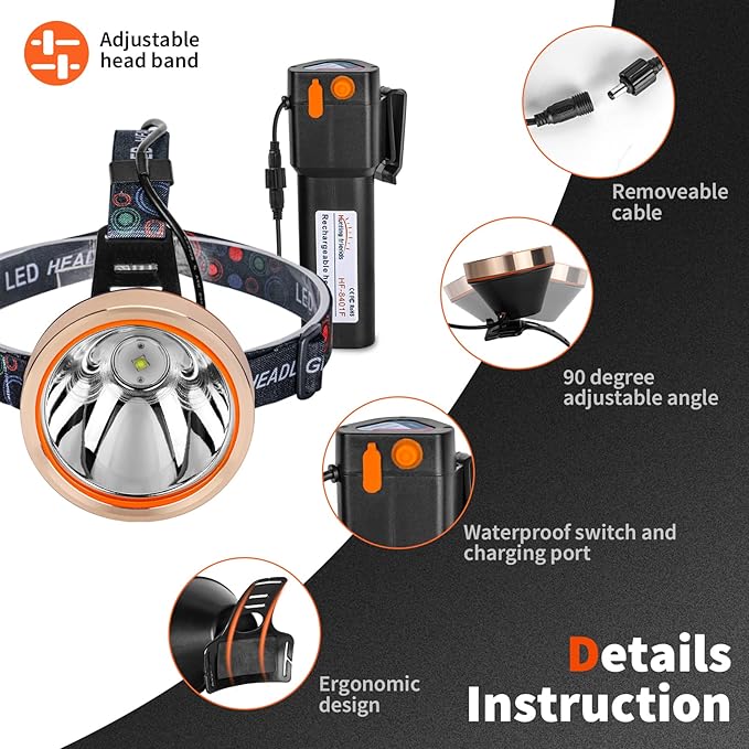 High Power Rechargeable LED Headlamp - Waterproof Adjustable Head Flashlight, Hands-Free Head Torch