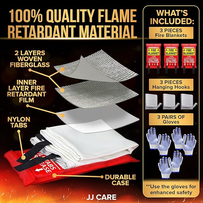 JJ CARE Fire Blanket ??3 Packs with Hooks and Gloves ??Emergency Fire Blanket for Home & Kitchen