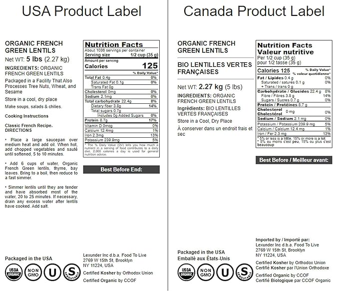 Food to Live Organic French Green Lentils, 5 Pounds ??Non-GMO, Whole Dry Beans, Raw, Sproutable