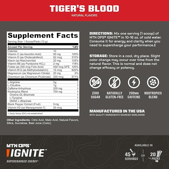 MTN OPS Ignite Trail Packs Energy Drink Powder, Gluten Free Nootropic Supplement Drink Mix, L