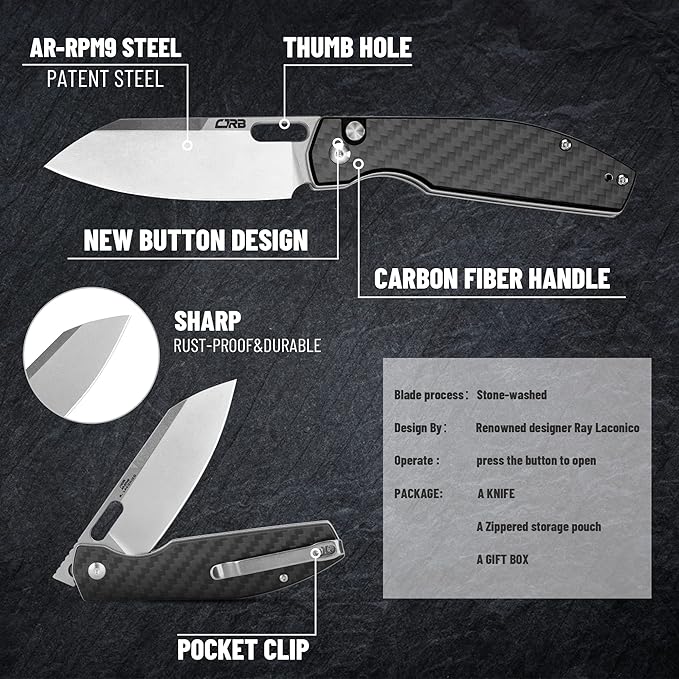 CJRB CUTLERY Pocket Knife Ekko(1929) Folding Knife for Men AR-RPM9 Steel Blade and Black Carbon