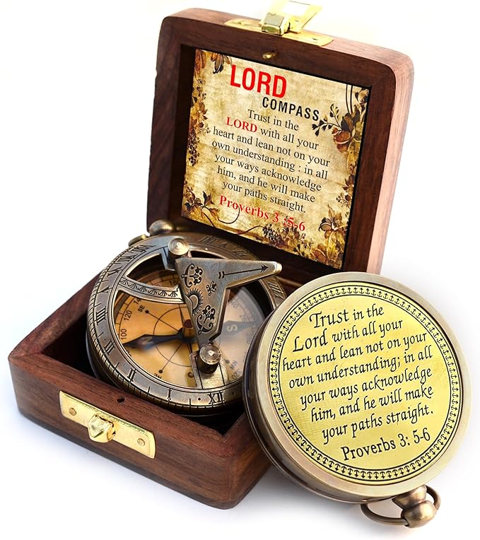 Trust in The Lord With All Your Heart - Proverbs 3:5-6 Quote Engraved Compass With Wooden Box