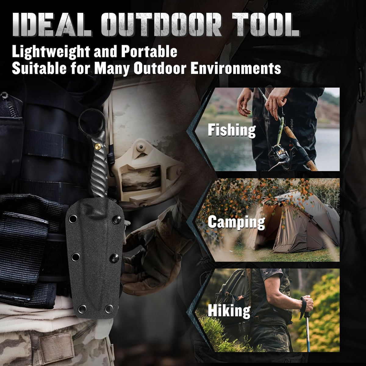 DRGSKL Tanto Fixed Blade Knife - Camping Knife with Sheath - Black