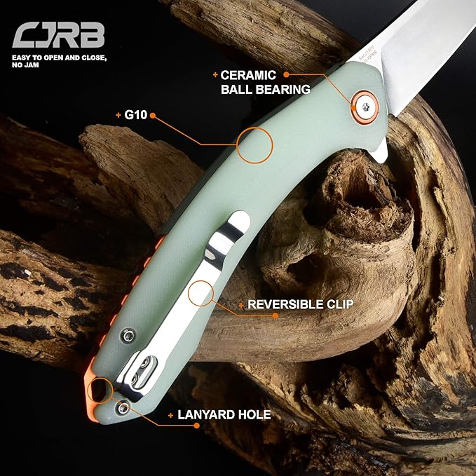 CJRB Small Folding Pocket Knife with Stonewash AR-RPM9 Powder Steel Blade and G10 Handle Tactical