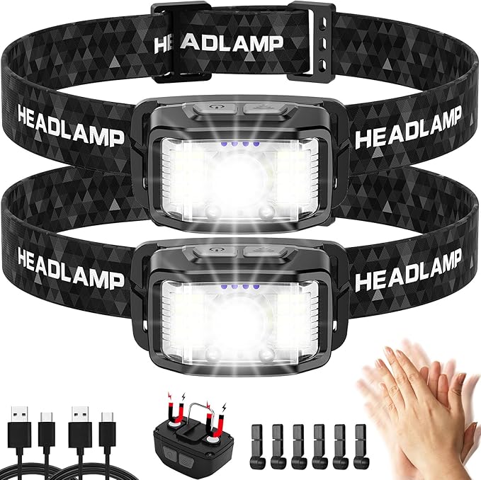 Headlamp Rechargeable,2 Pack 2000 Lumen Super Bright Led Headlamp,16 Modes Motion Sensor Head
