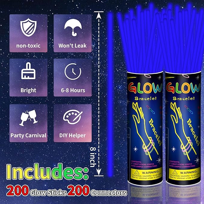 200 Pack 8'' Glow Sticks Bulk Party Favors Blue Light Up Sticks with Connectors Neon Glow in the