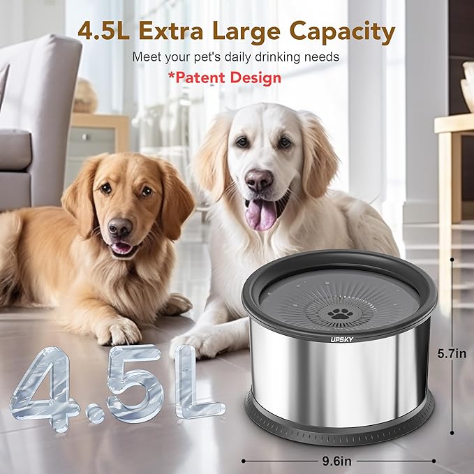 UPSKY 4.5L Dog Water Bowl,Large Capacity No Spill Dog Water Bowl,Stainless Steel Spill Proof Slow