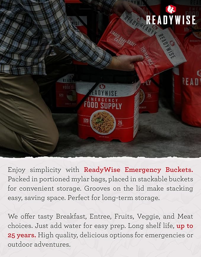 ReadyWise Emergency Food Supply - 100 Servings Favorites Bucket, Protein Meals, Dehydrated & Freeze