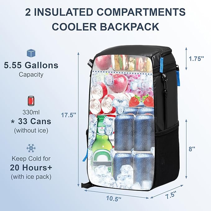 SPARTER Backpack Cooler Insulated Leak Proof 33/49 Cans, 2 Insulated Compartments Thermal Bag