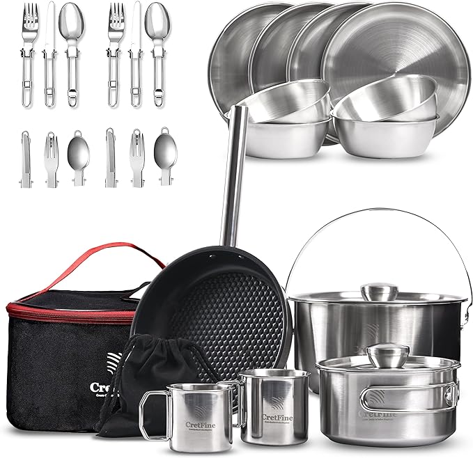 CampPro Camp Cooking Set for 4-8, Stainless Steel Camping Cookware Set, Camping Equipment with