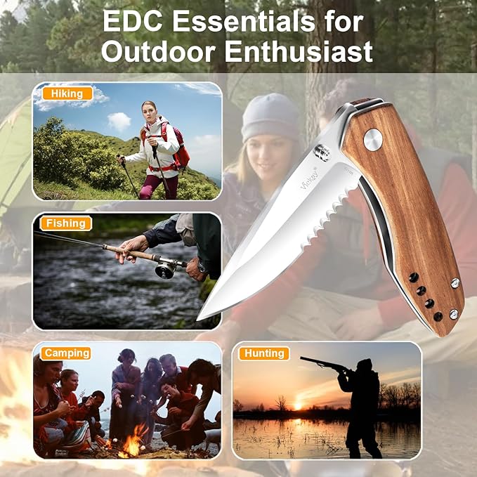 Vickay Folding Pocket Knife for Men & Women, 2.95" 8Cr13MoV Half-Serrated Steel Blade, Wood Hanlde