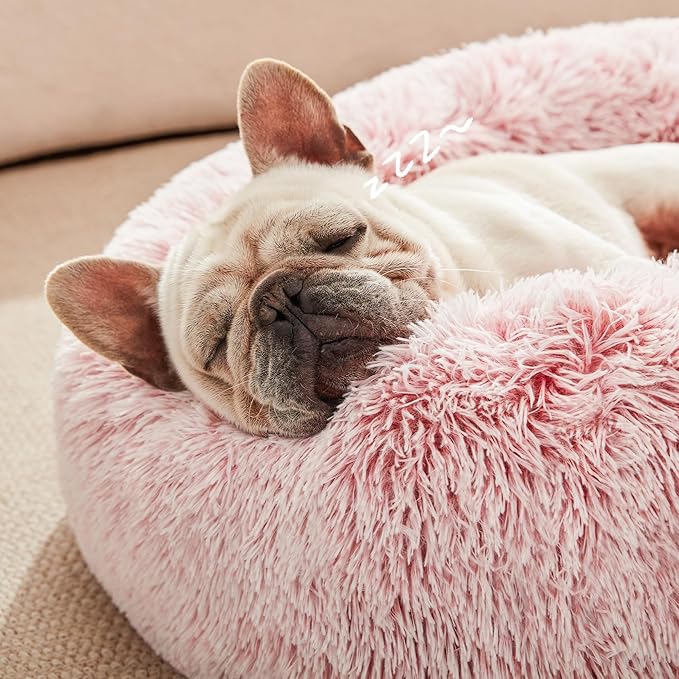 Love's cabin Calming Cat Bed for Indoor Cats, Anti-Anxiety Donut Round Dog Bed, Fluffy Faux Fur